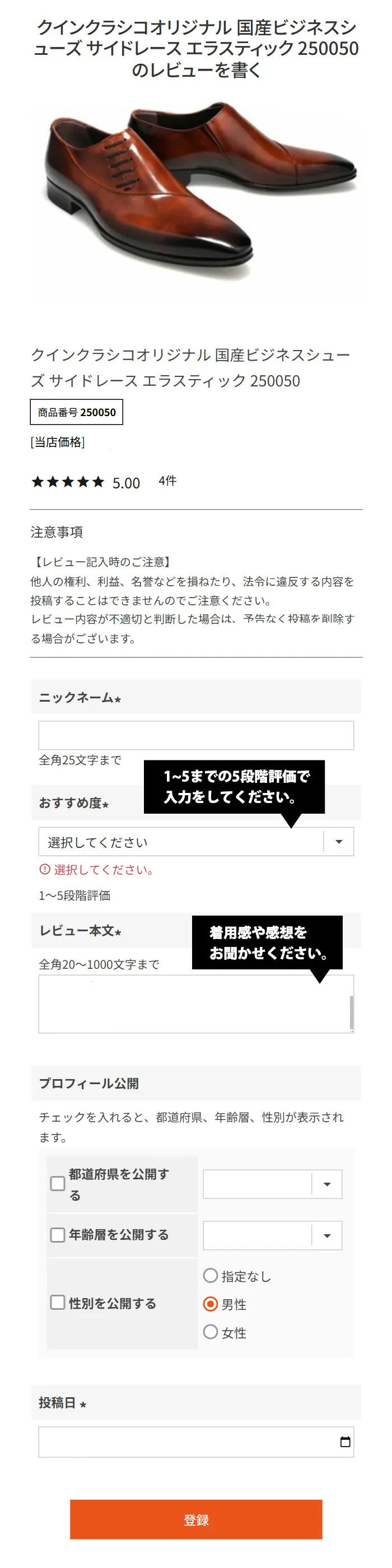 レビュー入力画面と登録ボタン